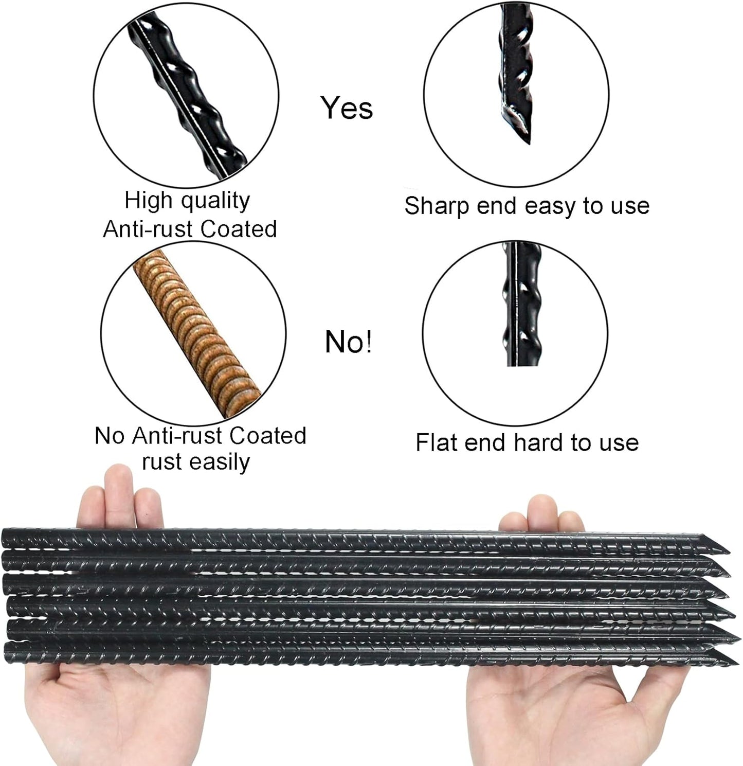 16 Inch Ground Rebar Stakes Heavy Duty Steel Ground Anchors for Outdoor, Straight Metal Stakes with Chisel Point end, Black Powder Coated (8)