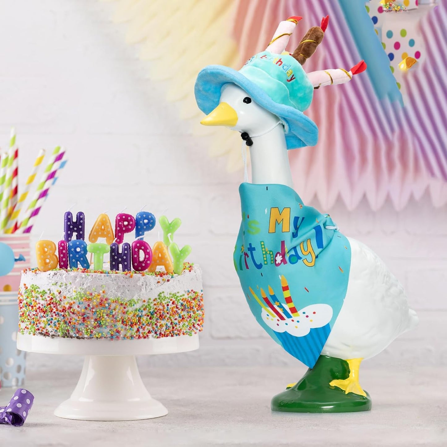 2 Set Porch Goose Outfits Hawaiian Summer Costume with Straw Hat and Glasses and Happy Birthday Outfit with Cake Hat and Bandana for 23" 17" Cement Plastic Goose Duck Lawn Decorations