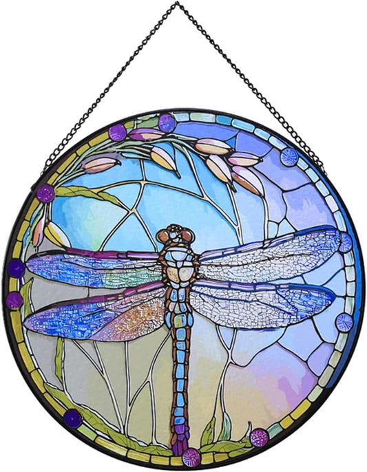 Generic Dragonfly Stained Glass Suncatcher Artistic Window Hanging,7.8” Hand-Painted Glass Panel