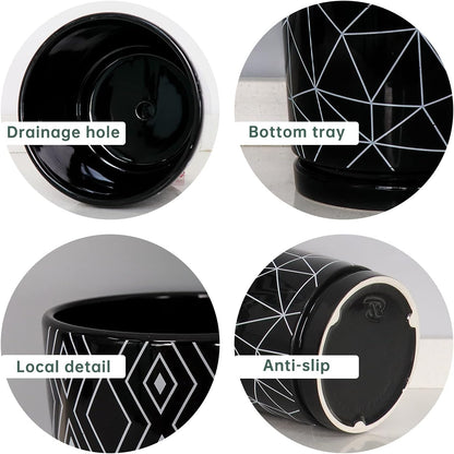 Ton Sin Flower Pots,5.5 Inch Black Ceramic Planter with Drainage Hole,Indoor Cylinder Plant Pots with Saucer,Cactus Succulent Outdoor Garden Pots Set of 4