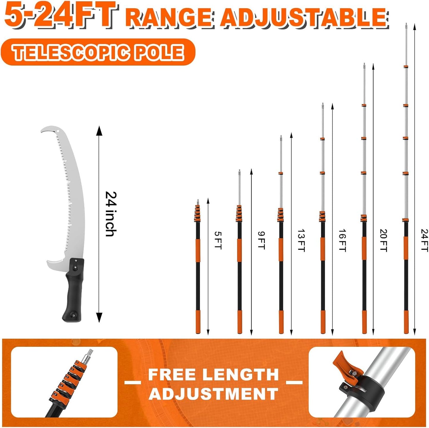 30FT Reach Pole Saw for Tree Trimming, Telescoping Tree Pruner Extendable with 5-24FT Extension Pole, Manual Saw for Yard, Garden, Patios