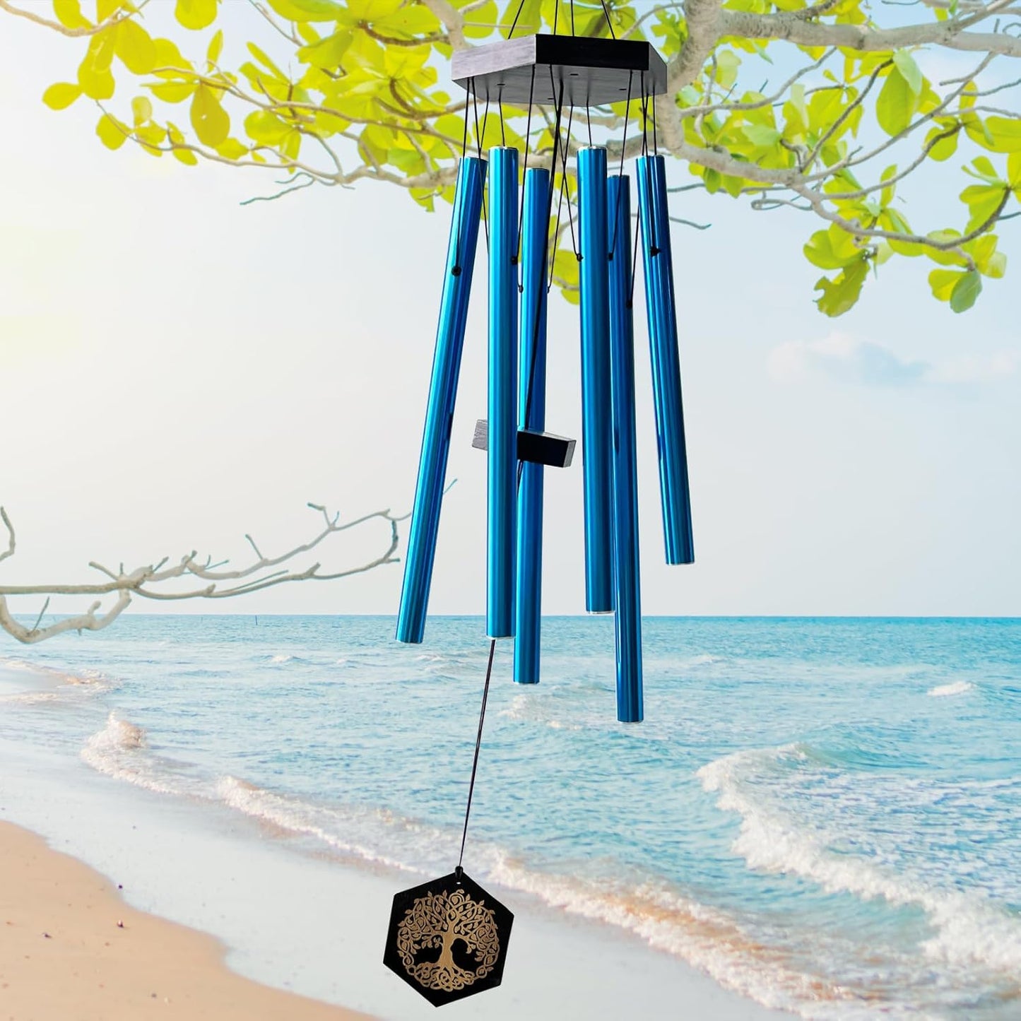 33" Tree of Life Memorial Wind Chimes | Soothing Blue Sympathy Wind Chime for Loss of Loved One, Calming Melody & Deep Tone, Outdoor Garden Decor & Housewarming Gift