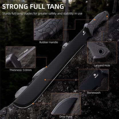 REAT Machete Heavy Duty with Sheath,24-inch Full Tang 420 Stainless Steel Blade,Non-silp Rubber Handle for Yard Work, Cutting Trees,Camping,Outdoor (Black)