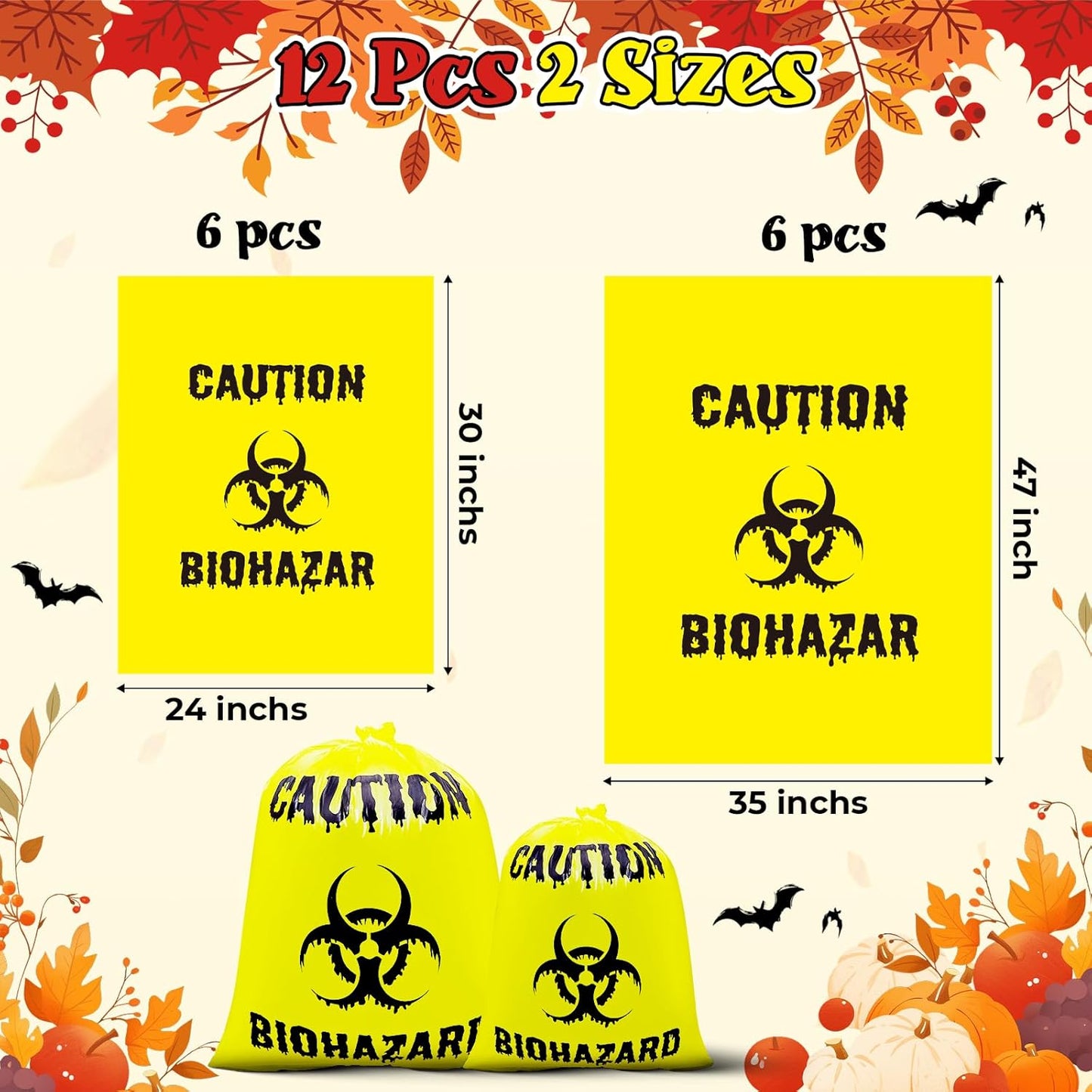 12 Pcs Large Halloween Leaf Bags Biohazard Halloween Decorations Halloween Trash Bags for Leaves Plastic Yard Lawn Waste Bag Scientist Biohazard Bag Outdoor Biohazard Zombie Party Decorations (Yellow)