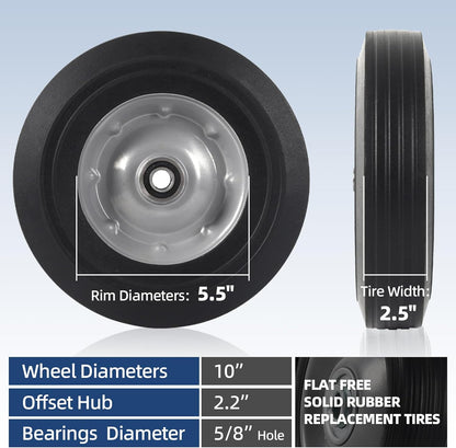 AR-PRO (2-Pack) 10" x 2.5" Flat Free Solid Rubber Replacement Tires - Flat-Free Tire and Wheel for Hand Trucks and Wheelbarrows with 5/8" Axles