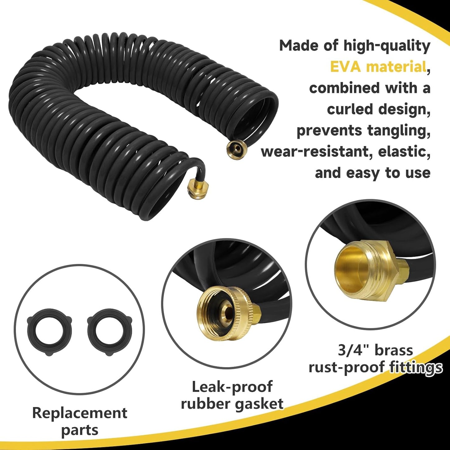 Coil Hose,3/8" EVA Coil Garden Hose 25 FT,Curly Water Hose Lightweight with Brass Connectors,Recoil Garden Hose Includes 8-Pattern Spray Nozzle for Boat, Yard, Patio, Green
