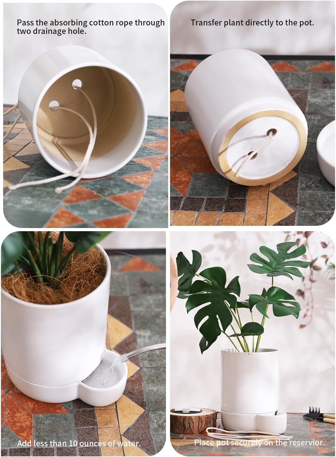 5.5 Inch Ceramic Self Watering Planters with Absorbent Cotton Rope, Cylinder Round Flower Pot for Succulent, Herbs, African Violets, White, 1 Pack