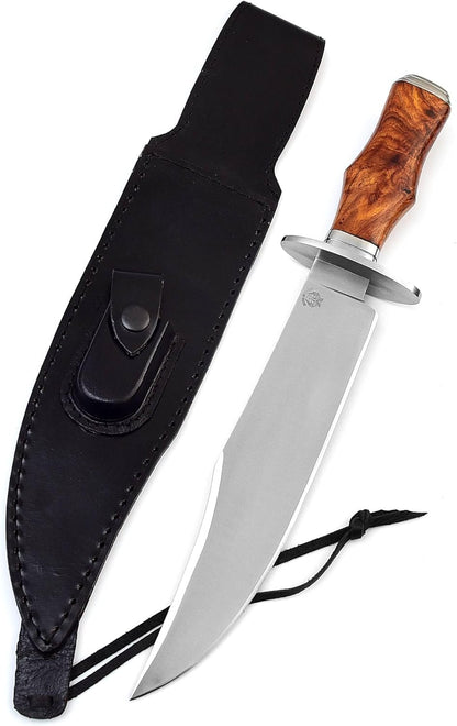 METAL OF HONOR Bowie Knife D2 Fixed Blade Hunting Knife with Leather Sheath for Camping, Hiking, Survival 15 inch bushcraft knife with Solid Engineered Wood Handle (wood)