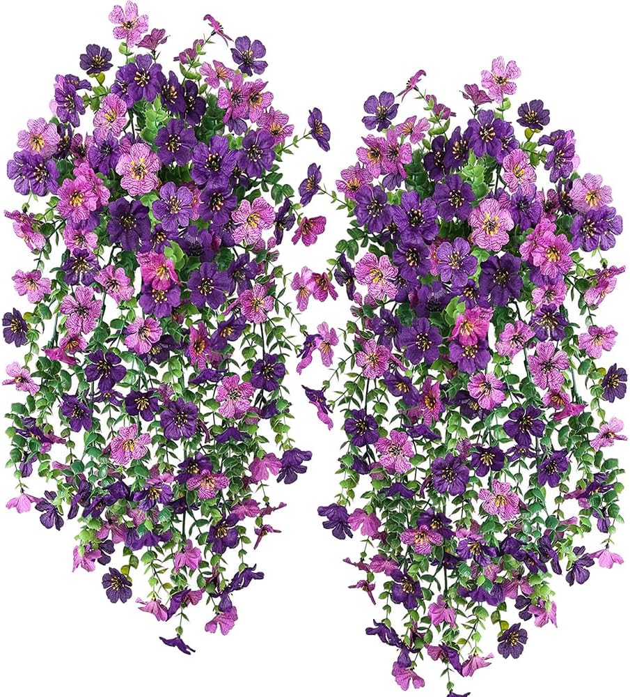 Artificial Hanging Plants Flowers Fake Outdoor Plants Artificial for Porch Hanging Faux Flowers Outdoor Home Porch Decor (2Pcs, Double Purple)