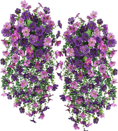 Artificial Hanging Plants Flowers Fake Outdoor Plants Artificial for Porch Hanging Faux Flowers Outdoor Home Porch Decor (2Pcs, Double Purple)