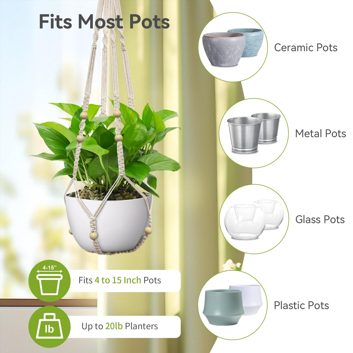 USLAI Macrame Plant Hanger, Fits 4 to 15 Inch Pots, 35 Inch, Ivory, 1 Pack