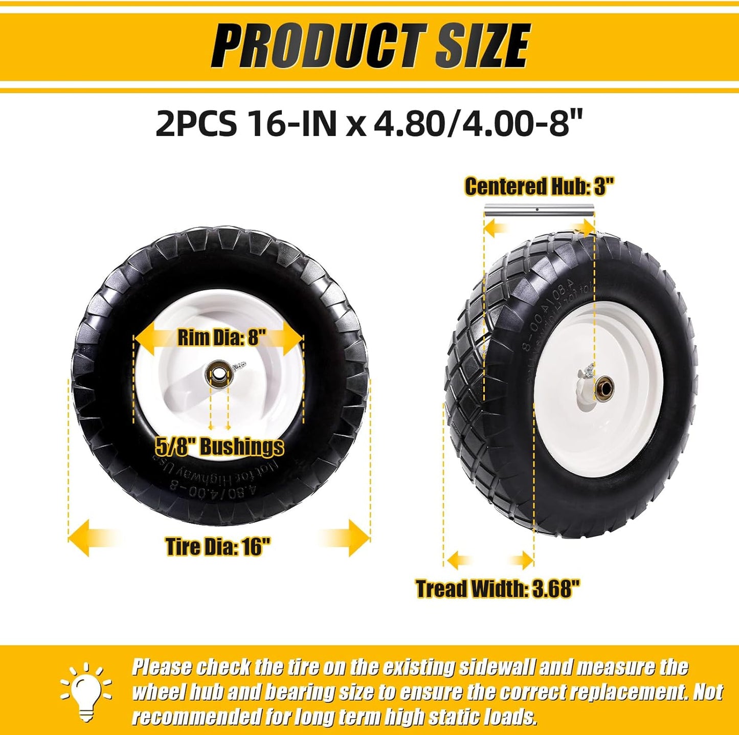 MZREXN 4.80/4.00-8" Flat Free Tire and Wheel, 16" Universal Solid Wheelbarrow Tires, with 5/8" & 3/4" Bearings, 3" Centered Hub for Hand Truck Garden Trailers Utility Cart Yard Wagon (2-PACK, White)
