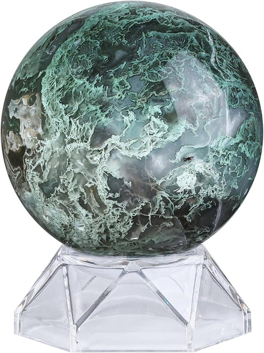 Natural Moss Agate Crystal Ball with Acrylic Display Base, 61-70mm Polished Stone Feng Shui Crystal Sphere Meditation Decoration for Home & Office