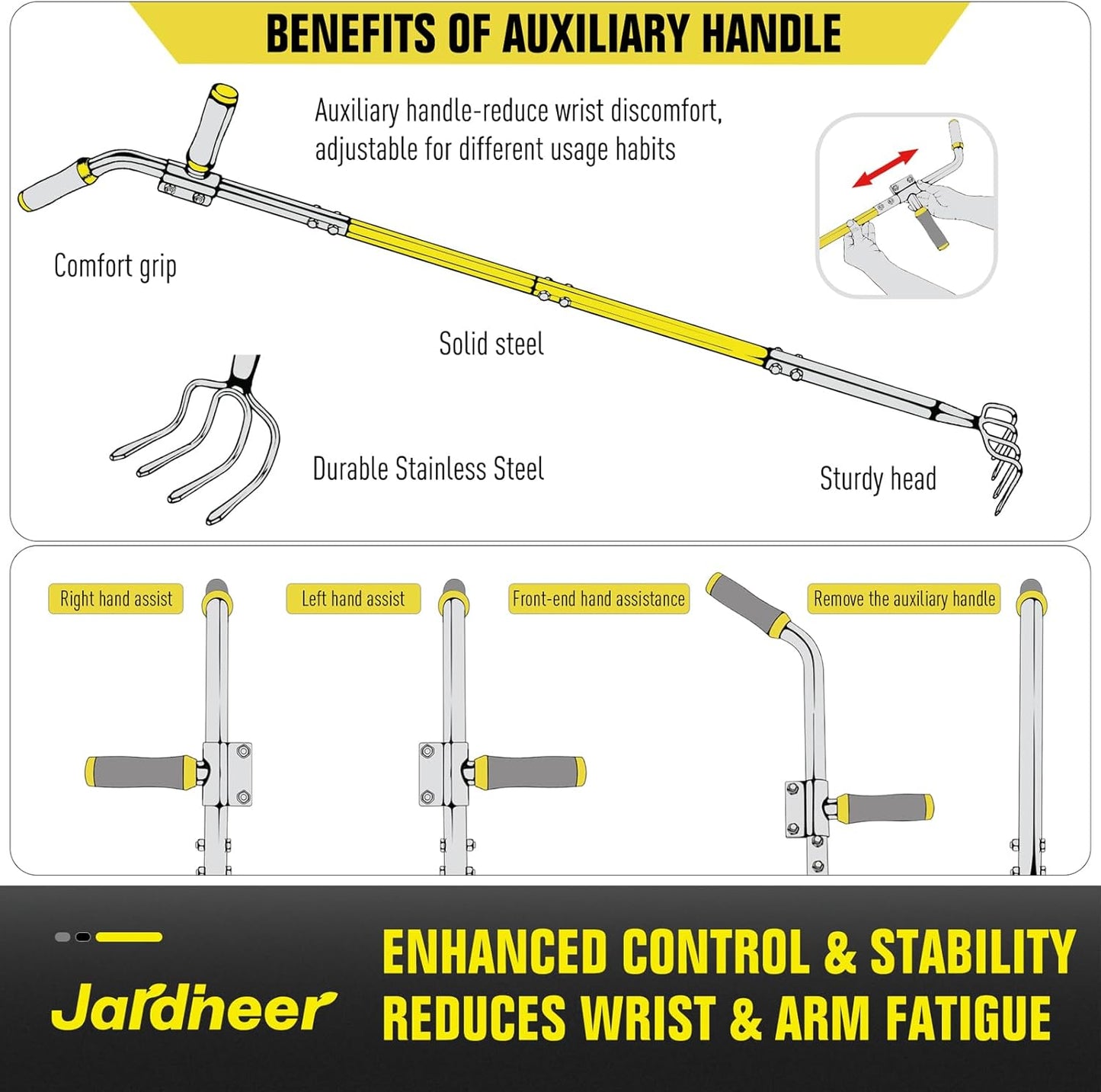 Jardineer 4-Tine Cultivator Rake with Auxiliary Handle, Garden Cultivator Long Handle, Hand Tiller Tool for Gardening Digging Loosening Weeding