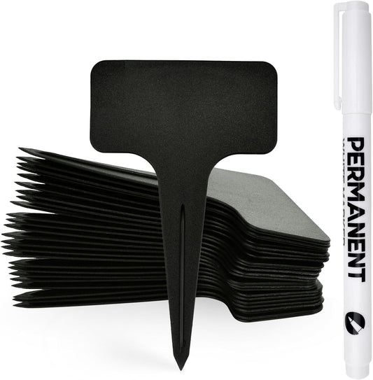 120pcs Plant Labels, Plastic Plant Tags, T-Type Garden Waterproof Name Stakes Plant Markers for Outdoor Garden Flower Vegetables Potted Plants Seed with A Marker Pen (6 x 10 cm, Black)