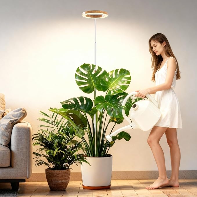 Full Spectrum Grow Light with Stand for Indoor Plants, Floor Plant Light, 6/12/18H Timer, 3 Color Modes, Adjustable Height 16.5–68in, for Large Plants & Home Décor(1 Head,Faux Wood Grain)