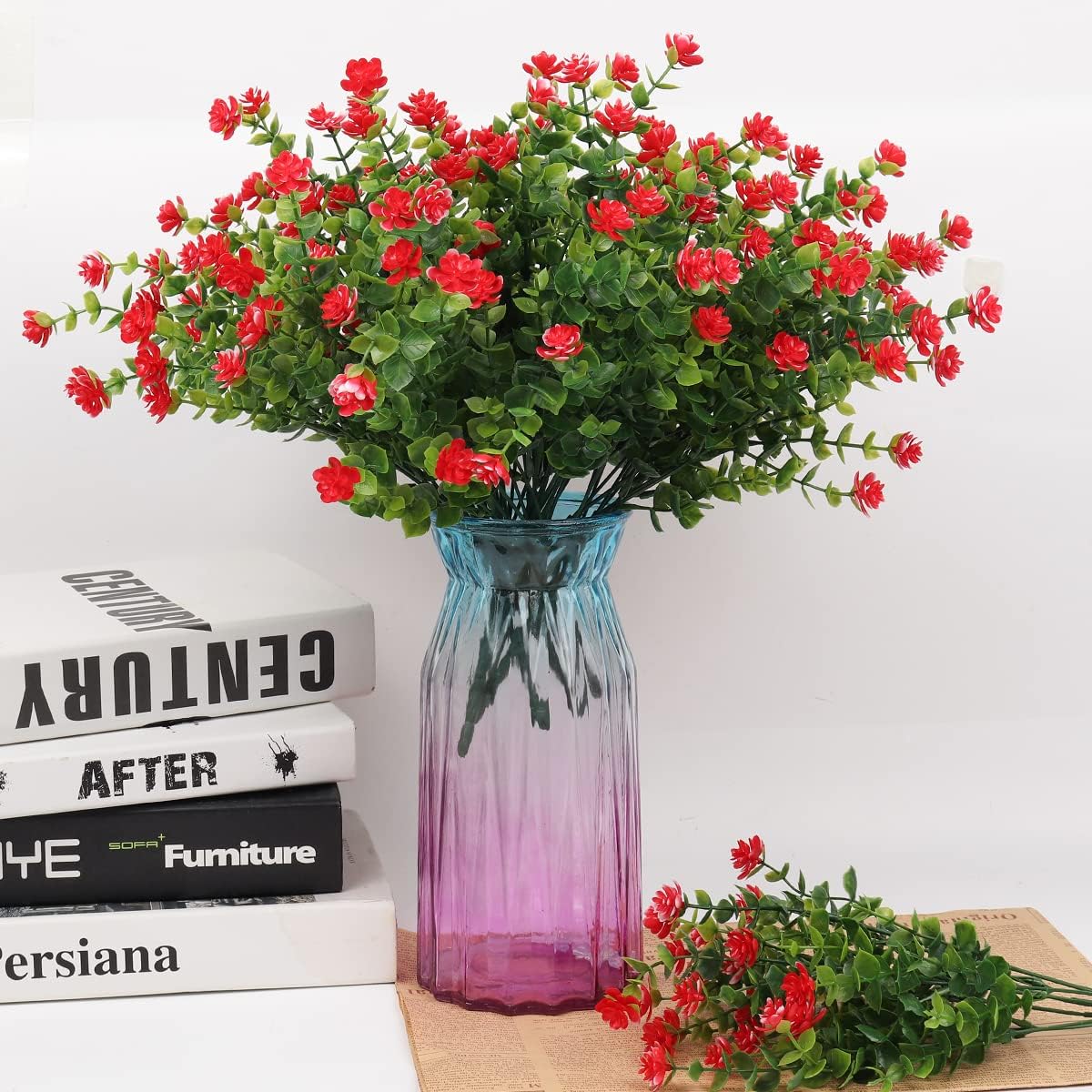 RECUTMS 12 Bundles Artificial Plants Artificial Eucalyptus Front Porch Decor Faux Spring Flowers, Fake Indoor Outdoor Greenery for Wedding Party Home Garden Fireplace Décor(Red)