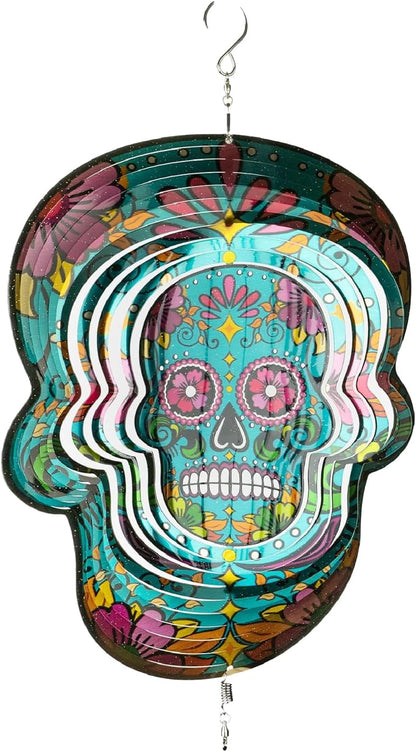 Skylar 3D Color Gradient Calavera Skull Wind Spinner, 12-Inch Day of The Dead Wind Spinners Outdoor Clearance, Kinetic Stainless Steel Decor for Patio and Home, Powered by Air