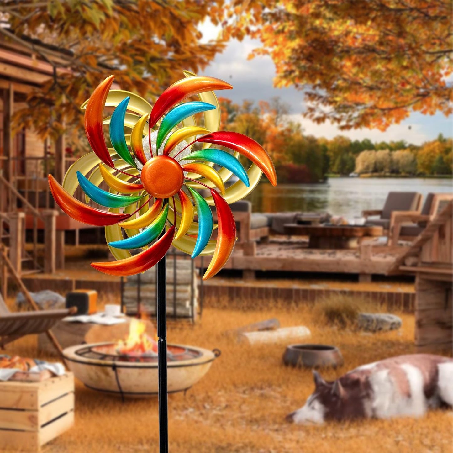 Solar Wind Spinners Outdoor, 60.6 Inch Metal Stake Garden Spinners Decor, Wind Spinner for Yard and Garden with Solar Powered Multi-Color Glass Ball Light (Strip)