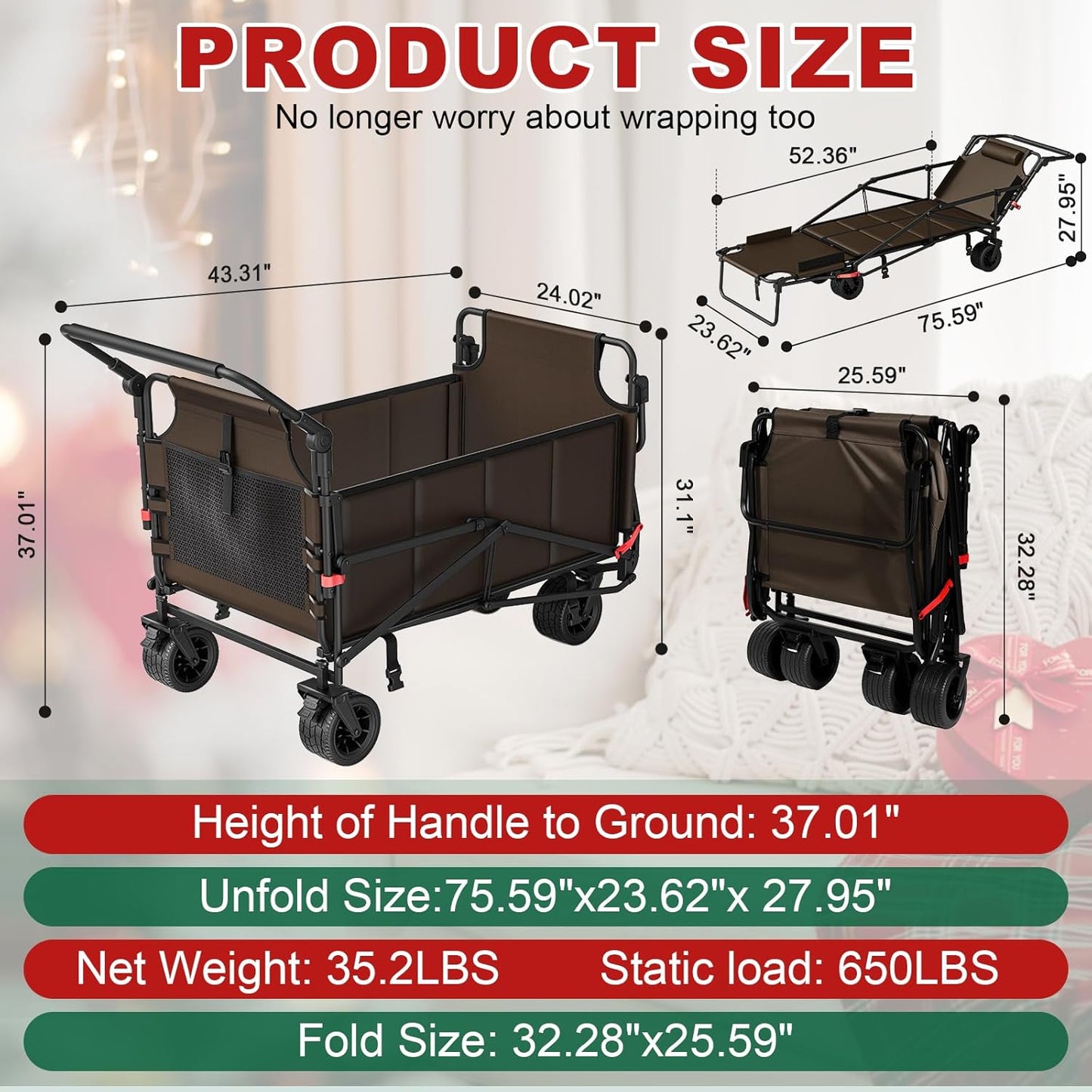 LEVELEVE Heavy Duty Folding Wagon - 2-in-1 Collapsible Cart, 650lb Capacity, All-Terrain Wheels w/Brakes & Side Pockets (Brown)