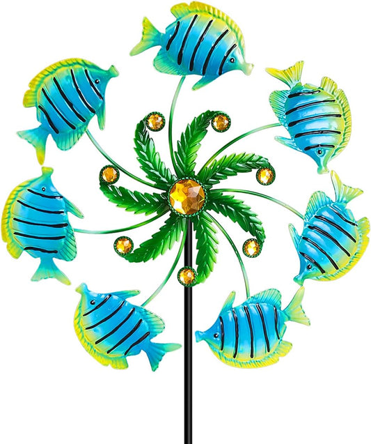 Tropical Fish Wind Spinners - 39" Ocean-Themed Metal Wind Sculptures Garden Stake Art, 13.5” Windmill Yard Kinetic, Outdoor Decor for Patio & Lawn - Metal Beach Sculpture with Fish Design