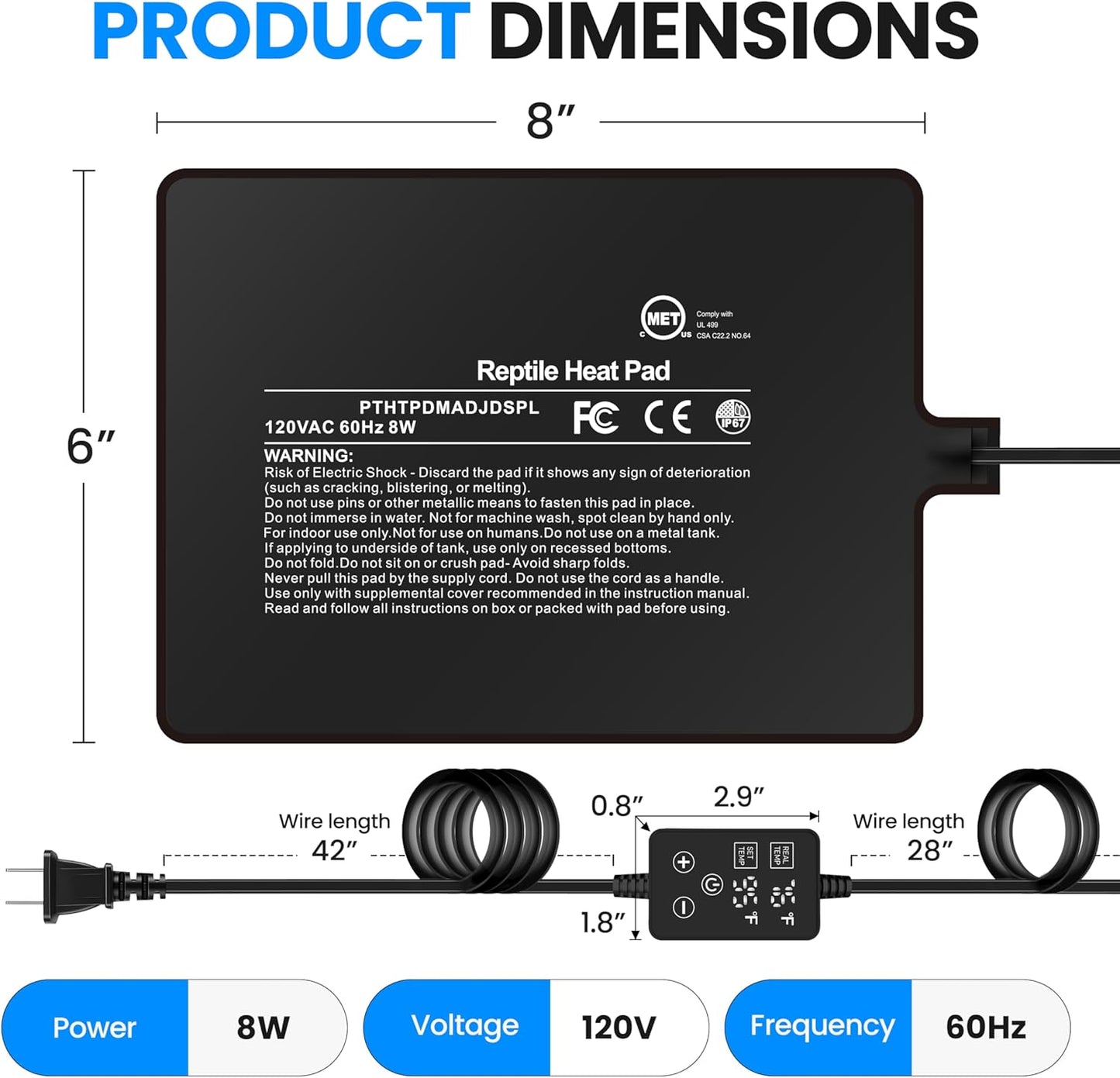 Simple Deluxe 8X12 Inch 16W Reptile Heating Pad with Adjustable Thermostat Under Tank Terrarium Heating Mat for Turtles, Lizards, Frogs, and Other Reptiles, 2 Pack