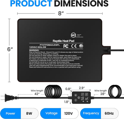 Simple Deluxe 6X8 Inch 8W Reptile Heating Pad with Adjustable Thermostat Under Tank Terrarium Heating Mat for Turtles, Lizards, Frogs, and Other Reptiles