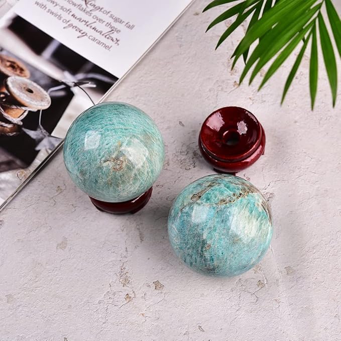 JIC Gem Amazonite Crystal Ball with Wood Stand Gemstone Sphere,Healing Crystal Balls for Reiki Chakra Decoration Fengshui (2.8-3.2inch)