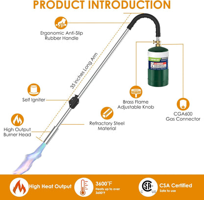 Weed Torch Propane Burner,Blow Torch Weed Burner with Self Igniting(Turn the Knob Slightly Before Ignition),Anti-slip Rubber Handle for Weeding,Melt Ice,Charcoal Starter-Fuel Not Included
