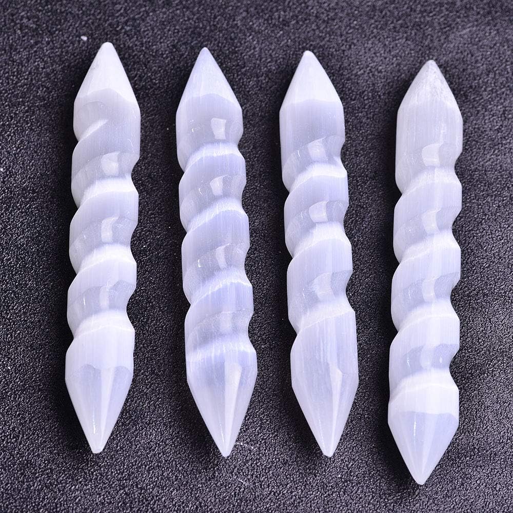 JIC Gem 4pc Selenite Spiral Wand Double Point Moroccan Selenite Crystals and Healing Stones 6-6.5 inch
