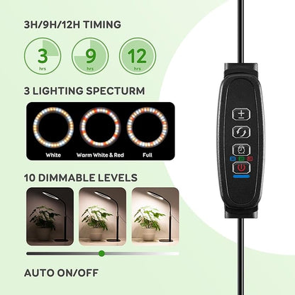 One Head Grow Lights for Indoor Plant Full Spectrum, Desk Halo Plant Lights for Indoor Growing with 3H/9H/12H Timer, 5 Dimmable Levels,Height Adjustable 9.4-23.6",Strong Metal Base Happy Light