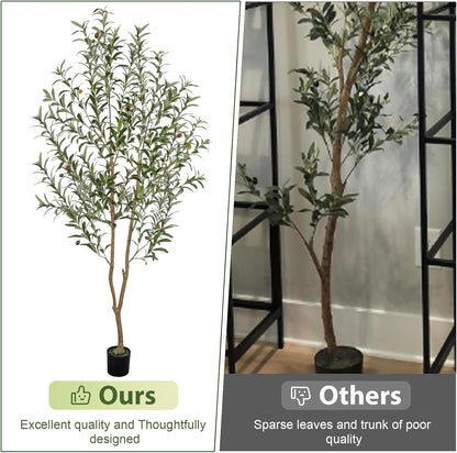 Artificial Olive Tree, 6FT Tall Faux Olive Tree with Pot, Artificial Plants with Natural Wood Trunk and Lifelike Fruits for Home Office Decor