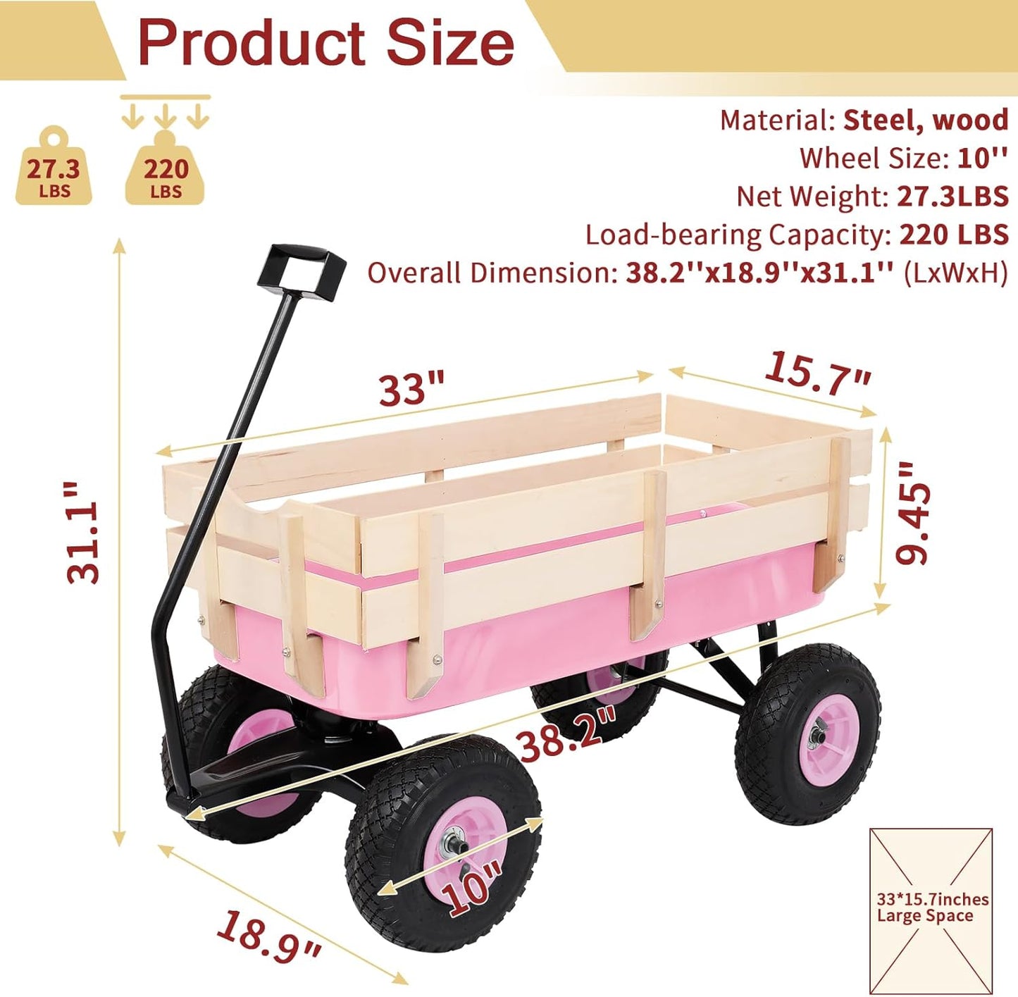 Outvita All-Terrain Cargo Wagon with 10'' Air Tires, Steel Structure Wagon with Removable Wooden Side Panels for Kids, Garden and Cargo, Up to 220lbs Capacity, 38'' L x 19'' W x 31'' H (Pink)