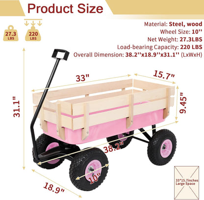 Outvita All-Terrain Cargo Wagon with 10'' Air Tires, Steel Structure Wagon with Removable Wooden Side Panels for Kids, Garden and Cargo, Up to 220lbs Capacity, 38'' L x 19'' W x 31'' H (Pink)
