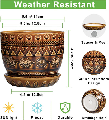 G EPGardening Ceramic Pot for Plants 5.5 Inch - Ceramic Plant Pot with Drainage Hole and Saucer, Boho Round Planter for Indoor Outdoor Plants, Plant Lover Gifts, Office Garden House Decor, Brown