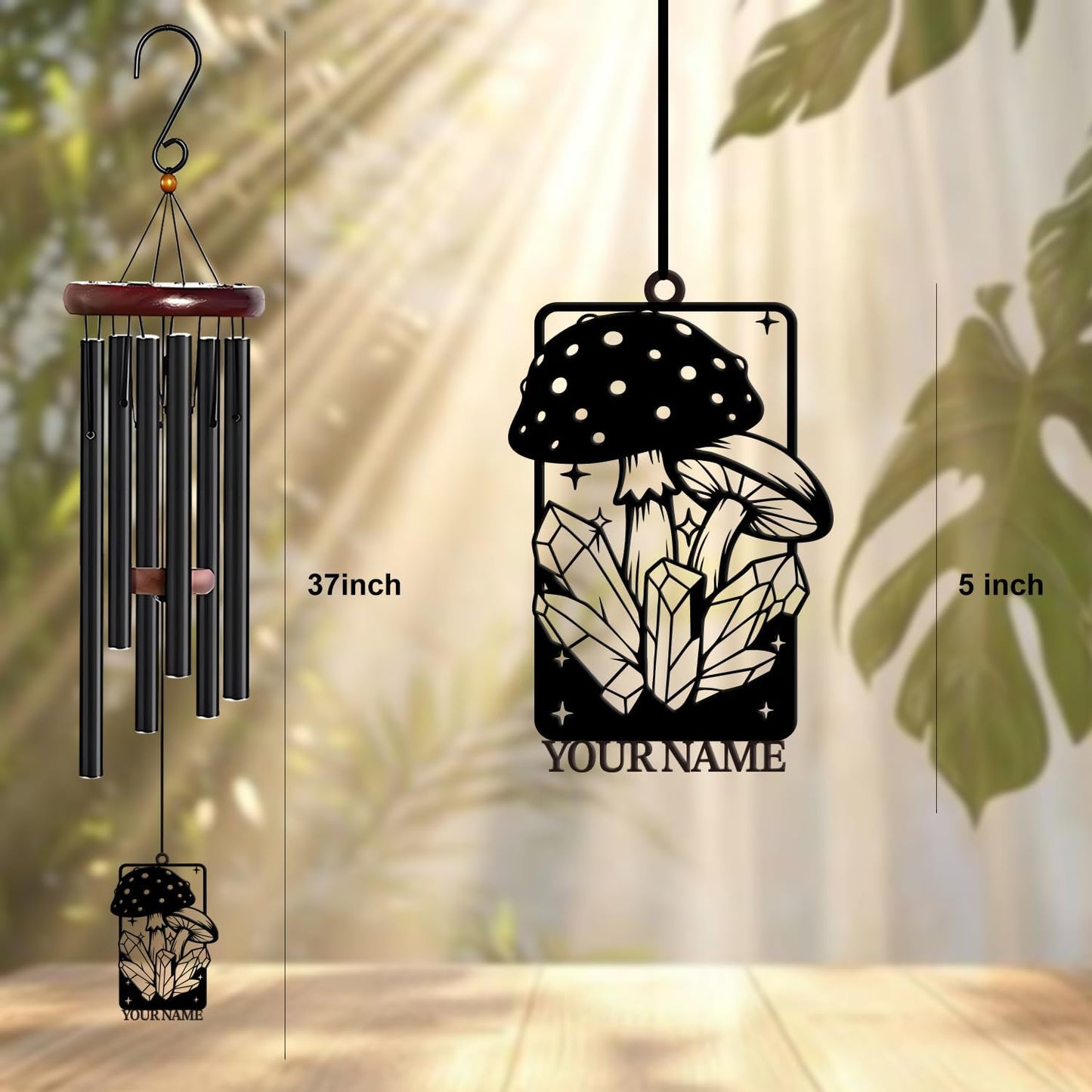 Personalized Customize Name Fantasy Mushroom Wonderland Wind Chime, Metal Iron 37 Inch Outdoor Memorial Gift for Garden Yard Patio Home Decor, Black (Style J)