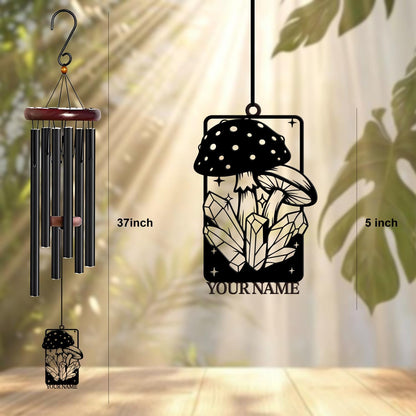Personalized Customize Name Fantasy Mushroom Wonderland Wind Chime, Metal Iron 37 Inch Outdoor Memorial Gift for Garden Yard Patio Home Decor, Black (Style J)