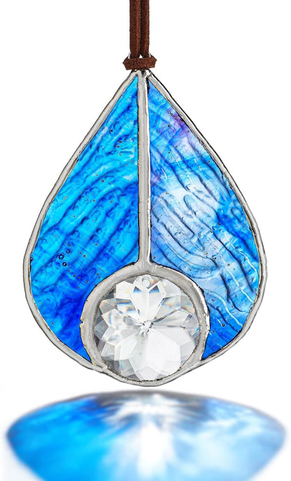 H&D HYALINE & DORA Handcrafted Stained Glass Blue Teardrop Suncatcher Panel Art Glass Sun Catcher Window Home Decor Hanging Pendant
