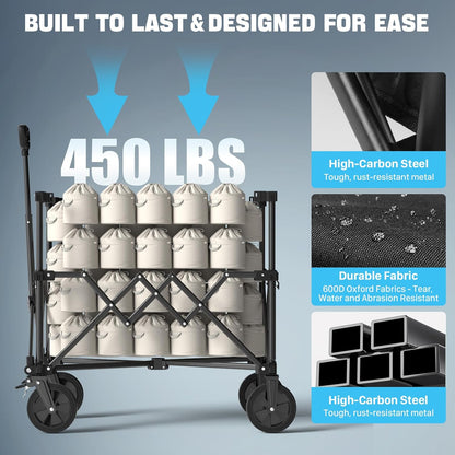 Adjustable Folding Wagon Cart, 150L–300L Expandable Capacity, 450LBS Heavy Duty Collapsible Utility Wagon with All-Terrain Wheels & Brake, Ideal for Beach, Camping, Garden & Outdoor Gear