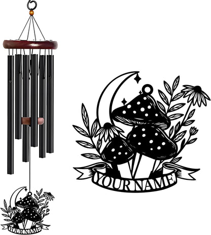 Personalized Customize Name Fantasy Mushroom Wonderland Wind Chime, Metal Iron 37 Inch Outdoor Memorial Gift for Garden Yard Patio Home Decor, Black (Style D)