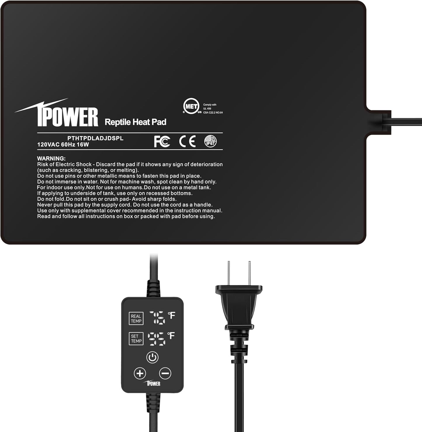 iPower 8 by 12 Inch 16W Reptile Heating Pad with Adjustable Thermostat, Under Tank Warmer Terrarium Heat Mat for Turtles/Snakes/Lizards/Frogs, and Other Reptiles