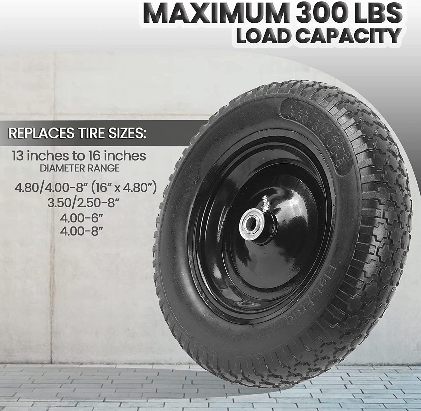 (2-PACK) 4.80/4.00-8" Flat Free Tire and Wheel - Universal Fit 14.5" Solid Wheelbarrow Tires with 3" Hub and 5/8" Bearings – Extra Adapter kit includes 3/4" Ball Bearings, 1" and 1/2" Nylon Spacers