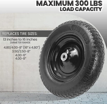 (2-PACK) 4.80/4.00-8" Flat Free Tire and Wheel - Universal Fit 14.5" Solid Wheelbarrow Tires with 3" Hub and 5/8" Bearings – Extra Adapter kit includes 3/4" Ball Bearings, 1" and 1/2" Nylon Spacers