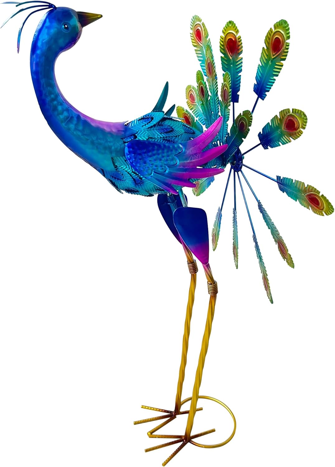 Metal Peacock Garden Statue, 36-Inch Iridescent Blue Purple Outdoor Sculpture, Decorative Lawn Art with Stand