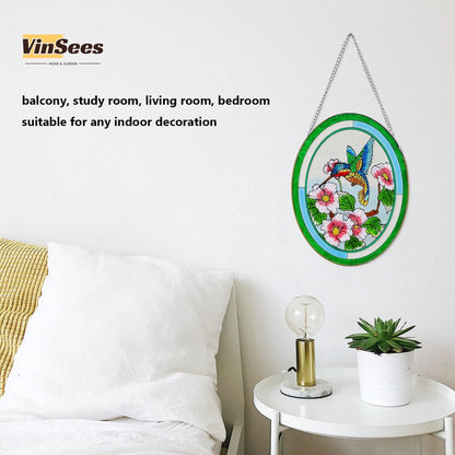 Hummingbird Stained Glass Window Hangings,Suncatcher for Window, Hummingbird and Flowers Hanging Ornament, Stained Glass Panel Home Decorations for Indoor Outdoor
