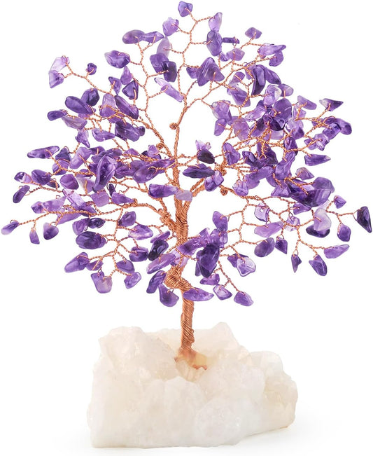 Amethyst Crystal Tree With Clear Quartz Cluster Base, Chakra for Home Decor, Healing Crystals Feng Shui Bonsai Money Positive Energy 5.5-6.3 Inches