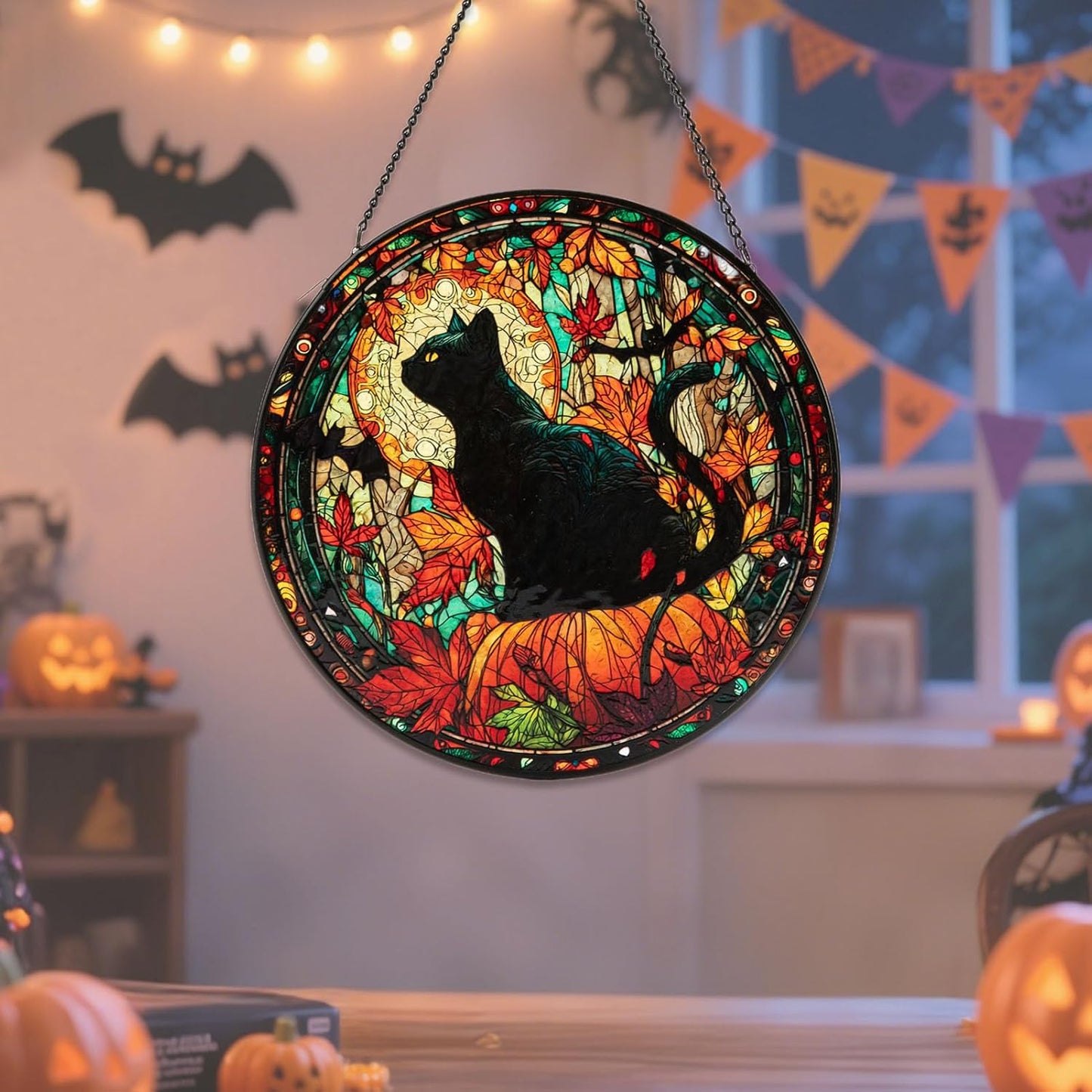 Stained Glass Window Hanging, Halloween Decorations Black Cat Maple Leaf Suncatcher for Doors Garden Indoor Funny Spooky Sun Catchers Gothic Decor for Women, Men, and Mom 8 in