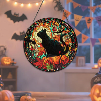 Stained Glass Window Hanging, Halloween Decorations Black Cat Maple Leaf Suncatcher for Doors Garden Indoor Funny Spooky Sun Catchers Gothic Decor for Women, Men, and Mom 8 in