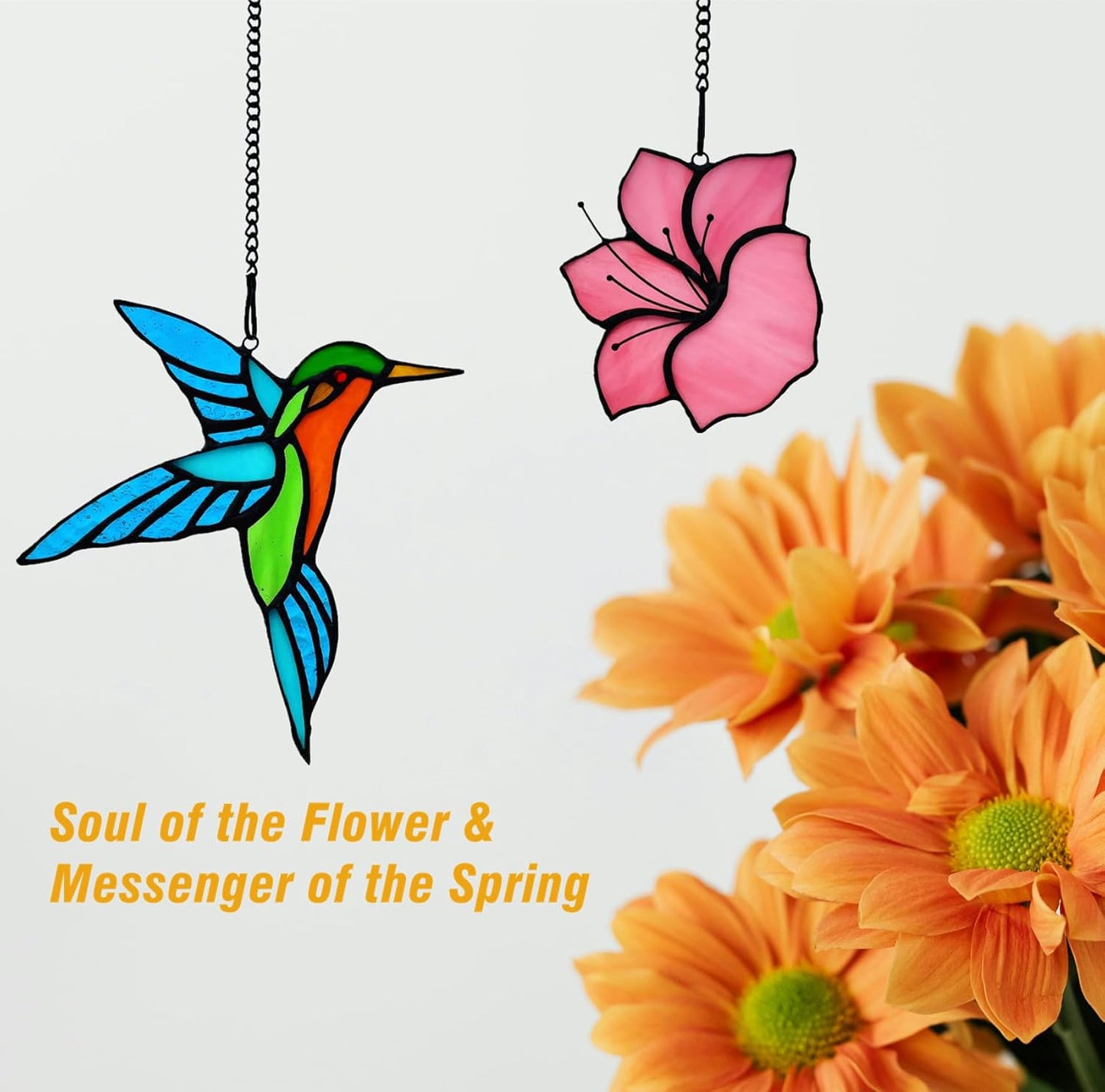 2 Pack Stained Glass Hummingbird with Flower Suncatcher for Window Hanging Ornament, Sun Catchers Indoor Window, Stained Glass Birds with Flower Gifts for Women, Mom, Birds Lovers