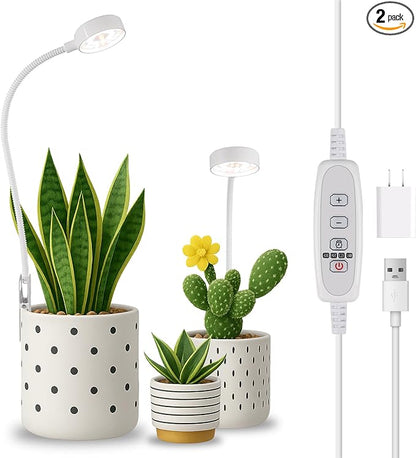 Pot Clip LED Grow Lights for Indoor Plants, Full Spectrum with 5-Level Dimmable, Auto On Off 4/8/12/18 Hrs Timer for Succulents, Small Plant, White, 5V, 2 Pack